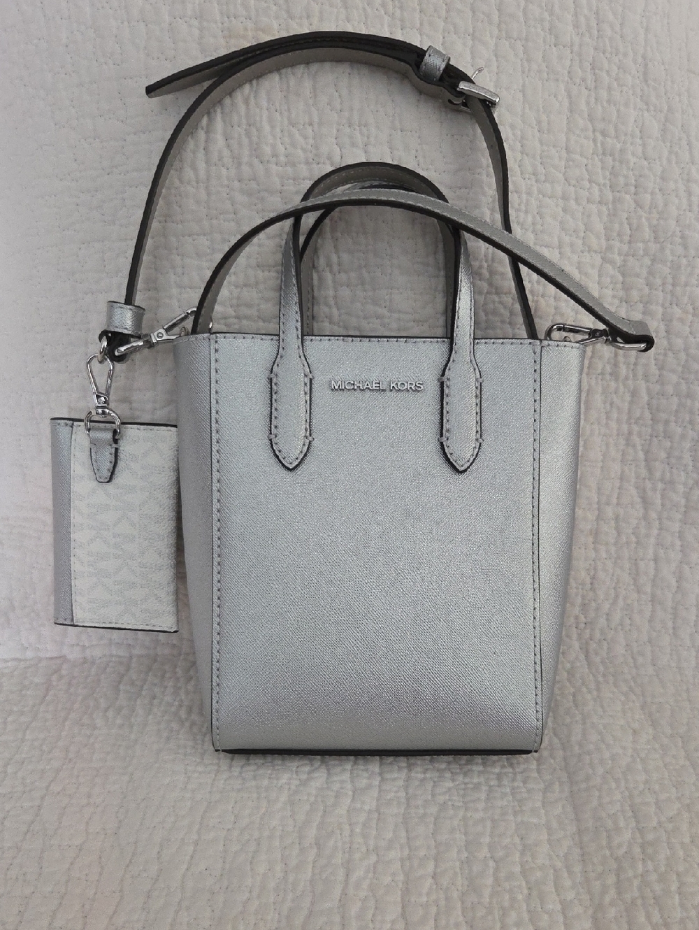 Michael Kors Silver Mini Saffiano Mini Tote with Crossbody Strap and card pouch